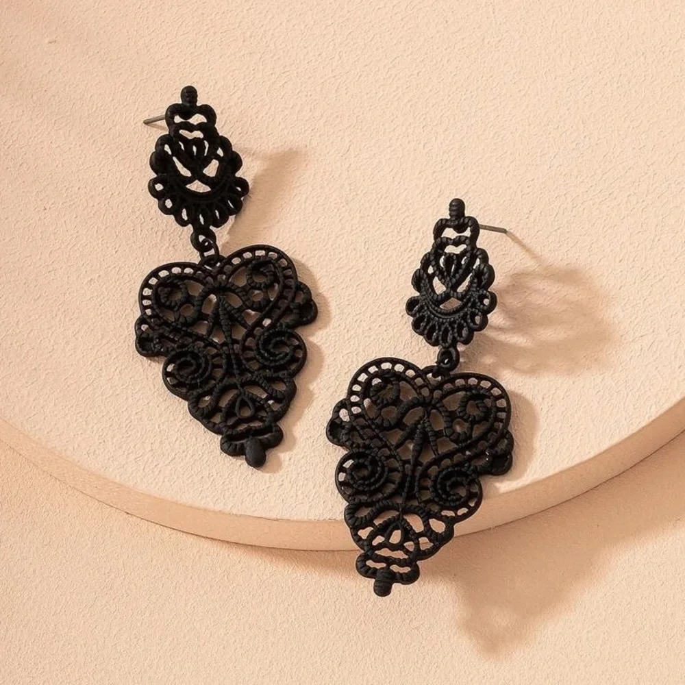 Black Lace Statement Drop Earrings - Picture 6 of 9